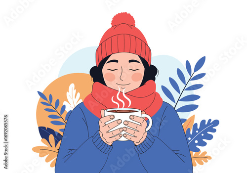 Cozy person holding warm beverage enjoying winter season amidst falling leaves and snowy backdrop