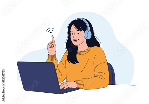 Young woman with headphones engaged in online learning and communication holding a laptop and raising her finger in thought