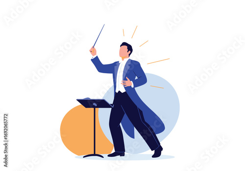 Orchestra conductor leading musicians with precision and artistic flair