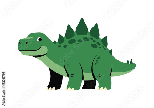 Adorable green stegosaurus dinosaur walking and smiling with spikes and plates