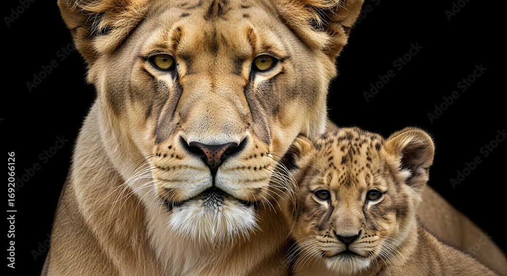 Fototapeta premium Lioness with Her Cub, Close-up Portrait