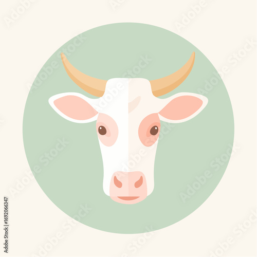 Minimalist flat design illustration of a cow head icon. Farm animal logo concept for agriculture or dairy product branding