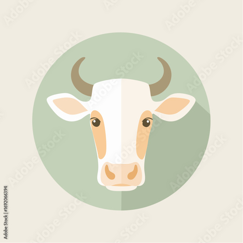 Flat design vector illustration of a cute cow head icon. Farm animal portrait with long shadow on a circular background