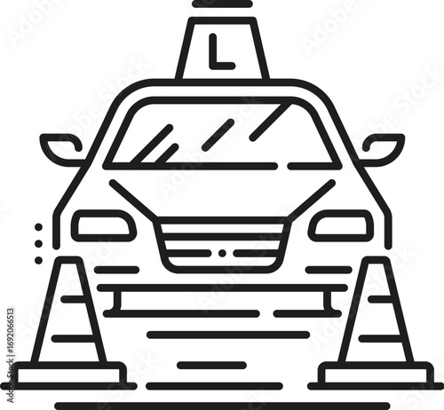 Driving school icon of vehicle drive training and test practice, vector pictogram. Driving school line icon of car and traffic cones for driver education and vehicle test examination on road