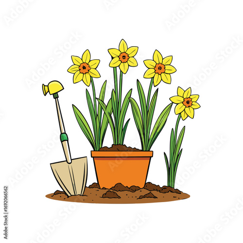 Vibrant daffodils emerging from rich soil alongside essential garden tools for planting and cultivation