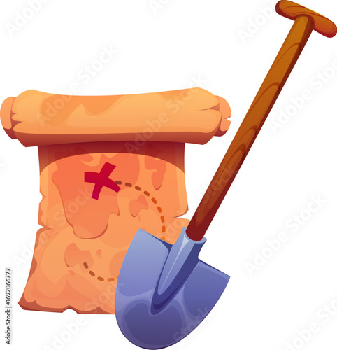 Cartoon pirate treasure map with a red x mark, accompanied by a sturdy shovel. Pirate adventure icon symbolizes treasure hunt, and hidden riches exploration. Cartoon vector parchment, cross and spade