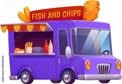 Fish and chip street food truck, vintage festival foodtruck car, festival van. Cartoon vector purple retro mobile with canopy, service window, sauce bottles, takeaway box, outdoor vending booth