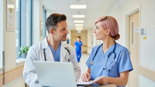 Two healthcare professionals talking in hospital hallway
