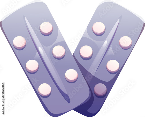 Medicine font typeset, pill blister letter V. Hospital type symbol, healthcare pharmacy isolated cartoon vector ABC font letter. Medical sign or medicine English alphabet typeset element
