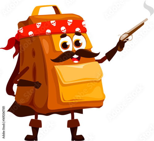 Cartoon school bag education stationery pirate or corsair crew character with a gun. Isolated vector playful backpack sailor personage ready to accompany young adventurers on their educational journey