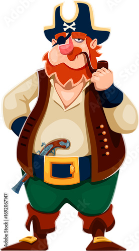 Cartoon pirate and corsair skipper ship crew character in traditional buccaneer attire with a pistol tucked in his belt, confidently puffs on a curling smoking pipe. Isolated vector nautical personage