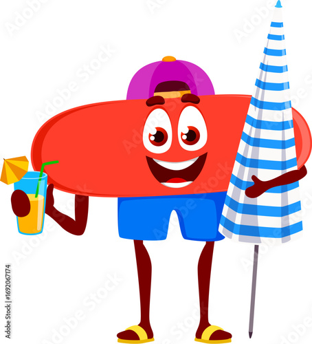 Cartoon cheerful math minus symbol character on summer vacation. Isolated vector red subtraction personage happily smiling with a cocktail and umbrella in hands, embracing joy and relax on sea beach