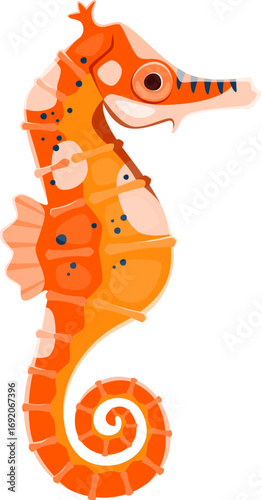 Cartoon orange seahorse with vibrant patterns and curled tail. Isolated vector aquatic underwater animal. Caribbean pirates or corsairs icon for marine themed children books, education or games