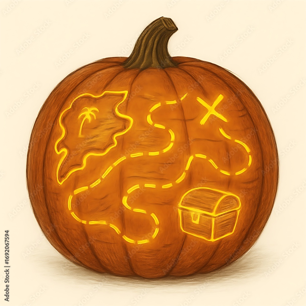 Fototapeta premium Carved halloween pumpkin with a glowing treasure map design and treasure chest symbol