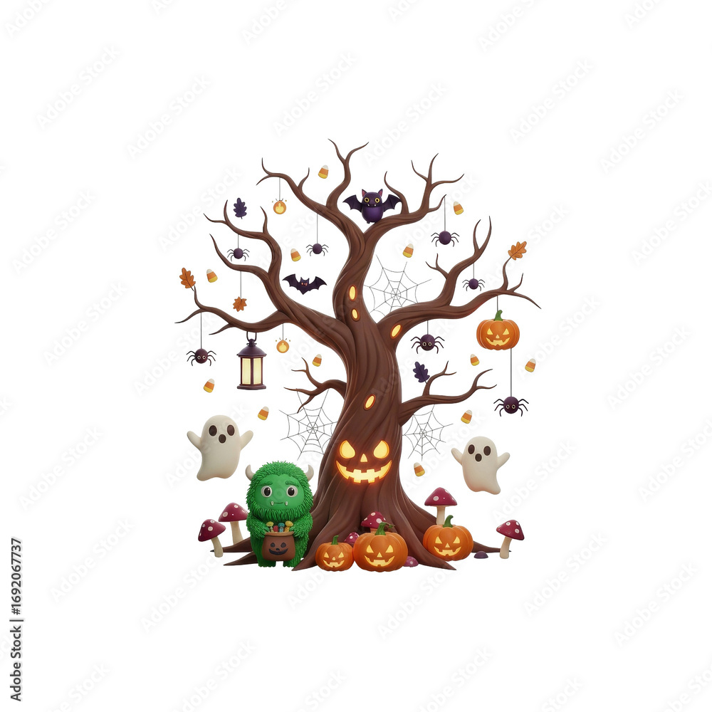 Fototapeta premium Cute 3D Halloween tree with smiling jack-o'-lantern face, monster, ghosts, and spooky decorations on black background.