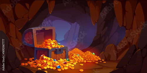 Pirate treasure cave with wooden chest, golden coins and crystal gems spilling from an open trunk, surrounded by jagged rocks. Cartoon vector game scene background evokes adventure and hidden riches