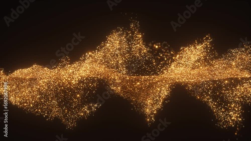 3D render motion of golden glitter particles forming a wave shape. Golden sand is blown by the wind, sparkling with a bokeh effect.