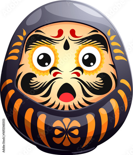 Cartoon funny black Japanese Daruma doll with surprised expression, wide eyes and open mouth. Vector character with traditional mustache and eyebrows. Asian cultural symbol with comic emotional face