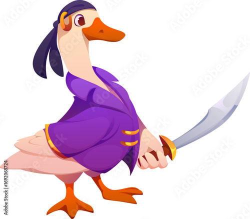 Cartoon duck bird pirate character. Isolated vector stylish corsair dressed in purple coat and bandana, confidently holding a sword. playful avian personage exudes seafaring spirit for adventure game