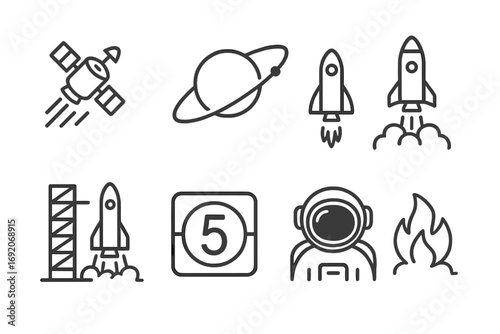 Space exploration icons: satellite, planet, rockets, astronaut, countdown, flame