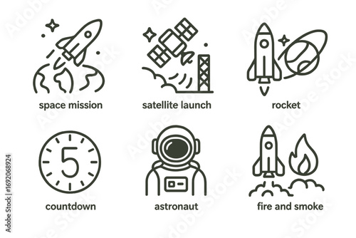 Space mission icons: astronaut, rocket, satellite, countdown, fire and smoke