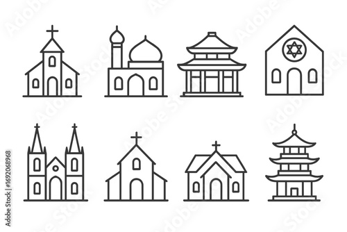 Illustrated icons of global religious buildings: church, mosque, temple, synagogue