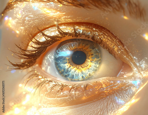 Golden Eye with luminous details of Iris and luxurious make up expressing beauty serenity and wisdwom