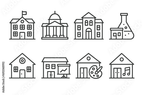 Various building icons including school library museum and laboratory