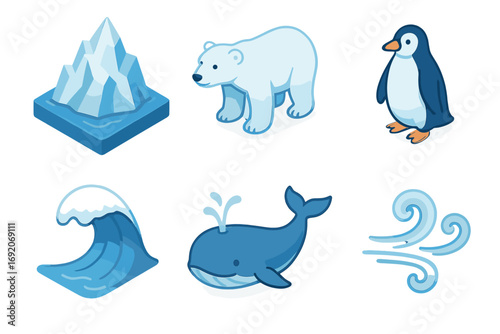 Polar animals and arctic elements icons: iceberg, bear, penguin, wave, whale