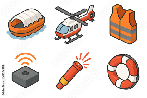 Emergency rescue equipment: lifeboat, helicopter, life vest, beacon, signal, lifebuoy