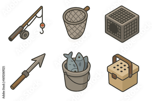 Fishing tools and equipment: rod, net, trap, spear, fish, bucket, box