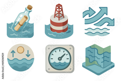 Set of ocean-themed icons illustrating navigation and sea elements