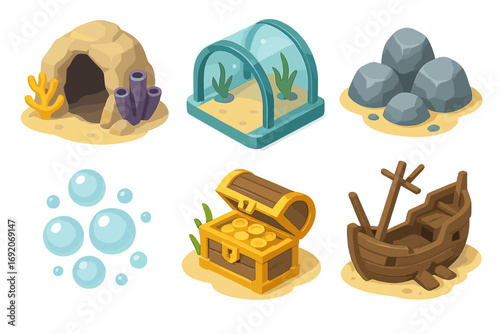 Colorful cartoon underwater scenery with cave, aquarium, rocks, bubbles, treasure, and shipwreck