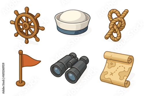 Cartoon nautical icons with wheel, sailor hat, knot, flag, binoculars, and treasure map