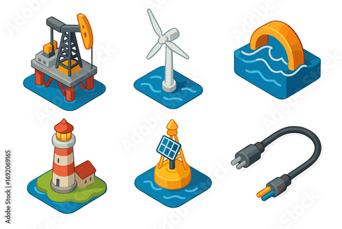 Icons of oil rig, wind turbine, hydro power, lighthouse, solar buoy, and power cable