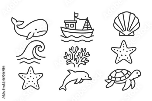 Nautical doodles: whale, boat, shell, coral, starfish, wave, dolphin, turtle