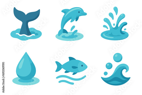 Ocean life icons: dolphin, fish, whale tail, water splash, waves, droplet illustrations