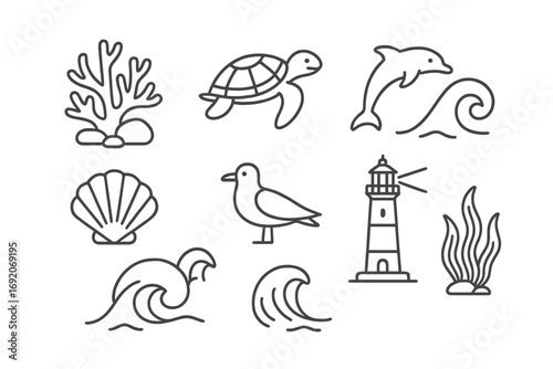 Coastal line art: sea life, waves, and lighthouse illustrations