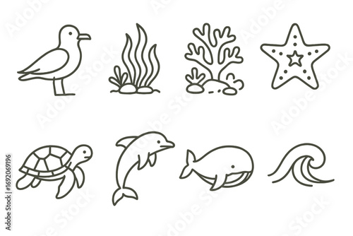 Simple line art of sea creatures and ocean elements