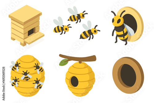 Illustration of bees, beehives, and honeycombs in various designs and perspectives