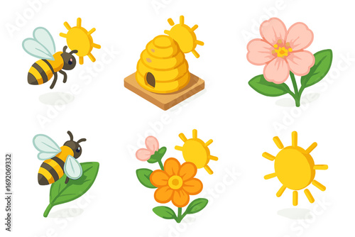 Cartoon bees, flowers, beehive, and sun on white background
