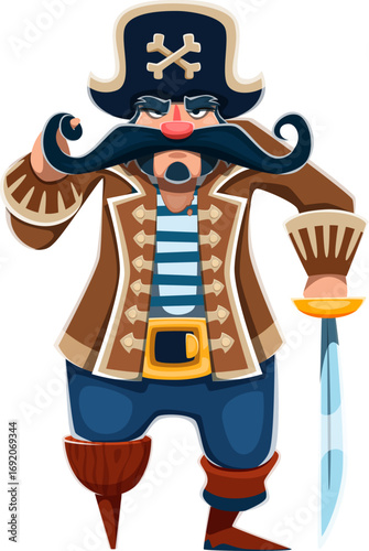 Cartoon pirate corsair character with long curled mustache, and tricorn hat with crossbones. Vector funny sea robber personage with wooden leg, striped shirt, sword and brown jacket vintage costume