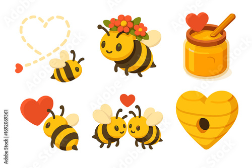 Cute cartoon bees with hearts and honey illustrations