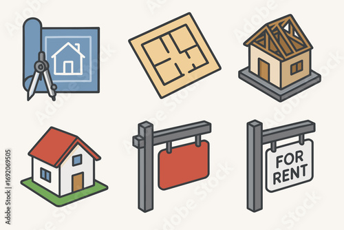 Architectural icons: blueprint, floor plan, construction, completed building, for rent signs