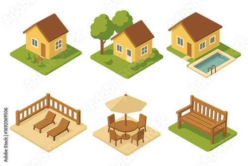 Isometric houses with pool and furniture set