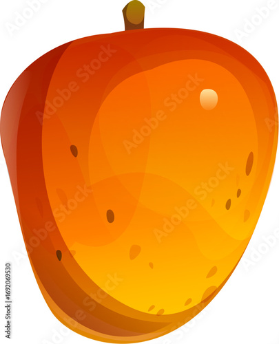 Cartoon raw ripe mango fruit with vibrant glossy orange and red peel, highlighting ripeness and tropical freshness. Healthy vegan snack and exotic plant ingredient for summer juice, dessert and diet