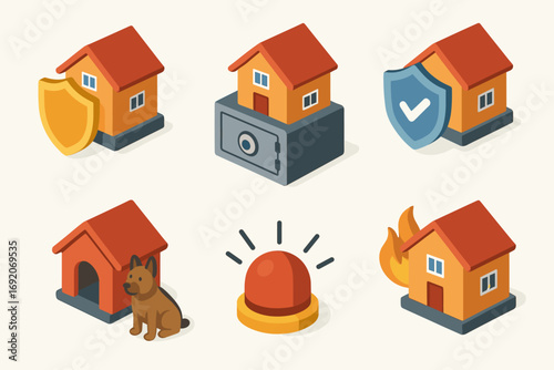 Home security icons featuring locks, alarms, dog, fire safety, and insurance shields