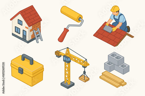 Construction tools and worker icon set featuring house, toolbox, crane, roller, and roof tiles