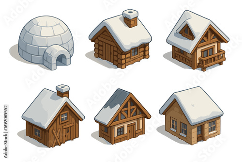 Collection of snow-covered winter cabins and igloo in various designs
