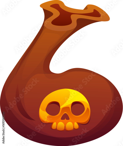 Pirates font or cartoon Caribbean corsairs typeface, vector coins purse. Caribbean treasure gold or golden money bag with skull sign in shape of number 6 Six for pirate font type or corsair typeface